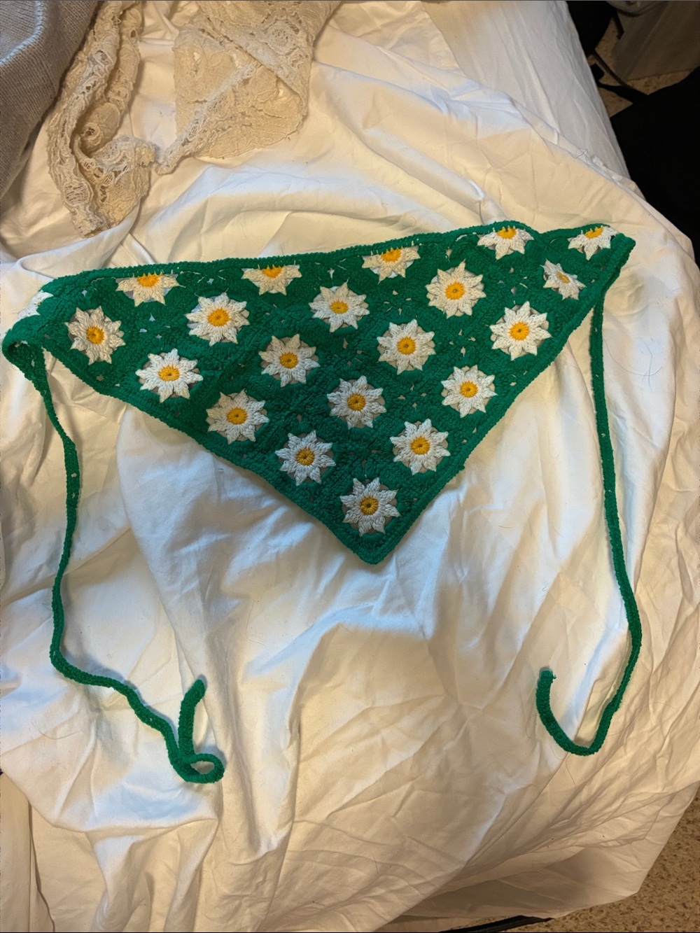 Green Crochet Daisy Triangle Bandana